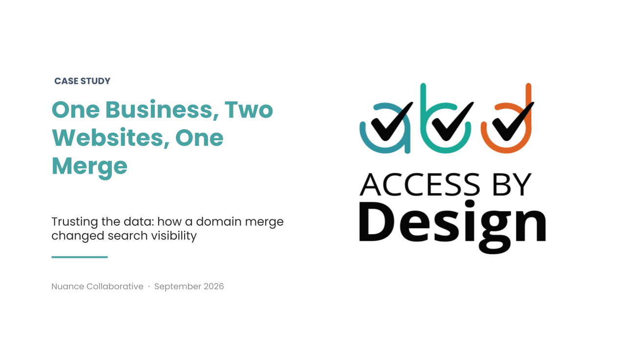 White slide with “One Business, Two Websites, One Merge” and Access by Design logo on the right.