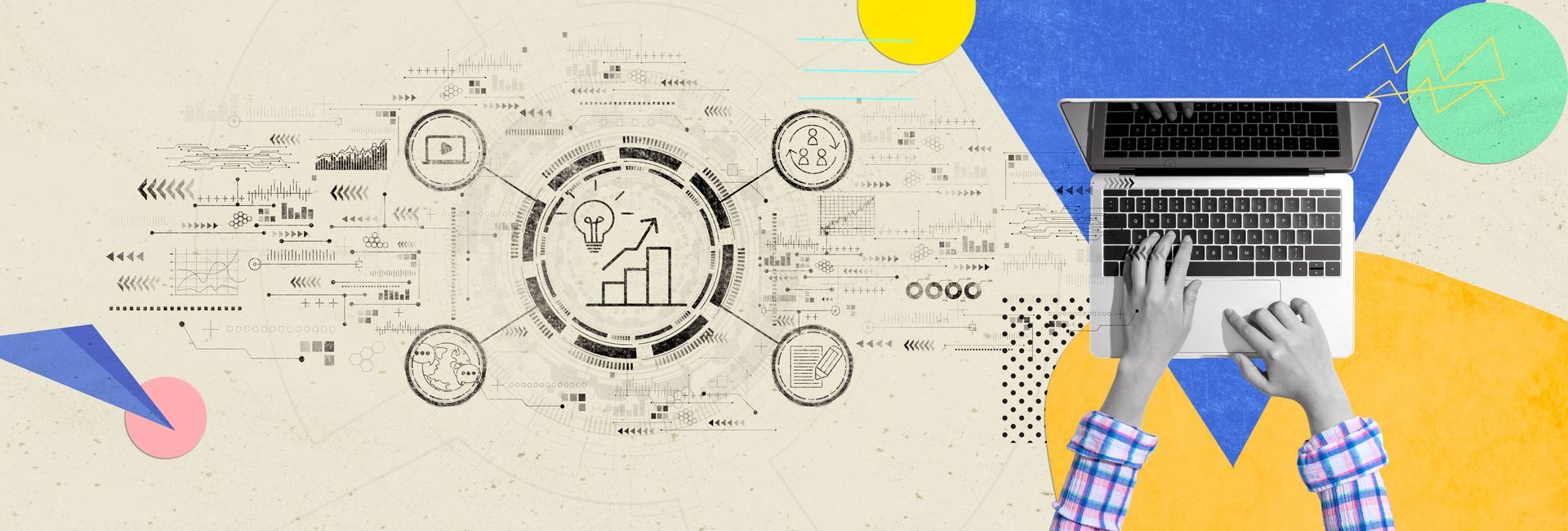 Graphic with blue print of data model and laptop with hands typing
