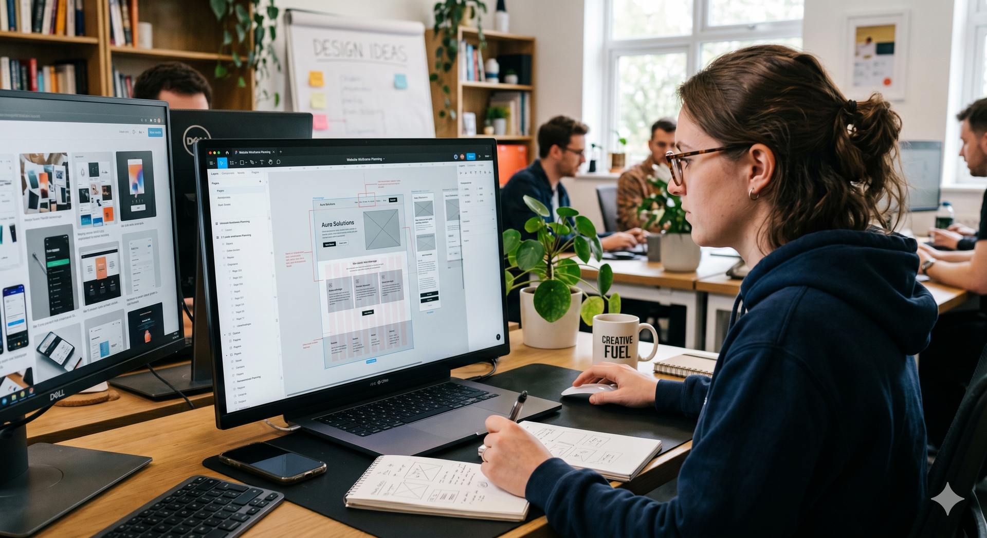 Person working at a desk with dual monitors in a bright office, with a coworker and plants in the background
