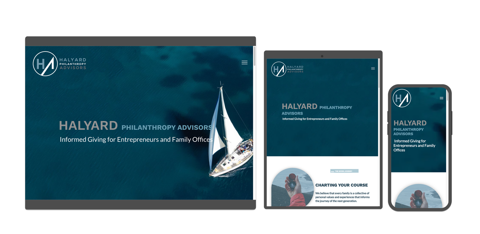 Website design on a desktop, tablet, and phone with a sailboat on the ocean.