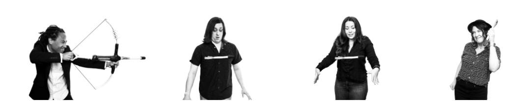 Four people against a white background, demonstrating actions: drawing a bow, shrugging, shrugging, and waving.
