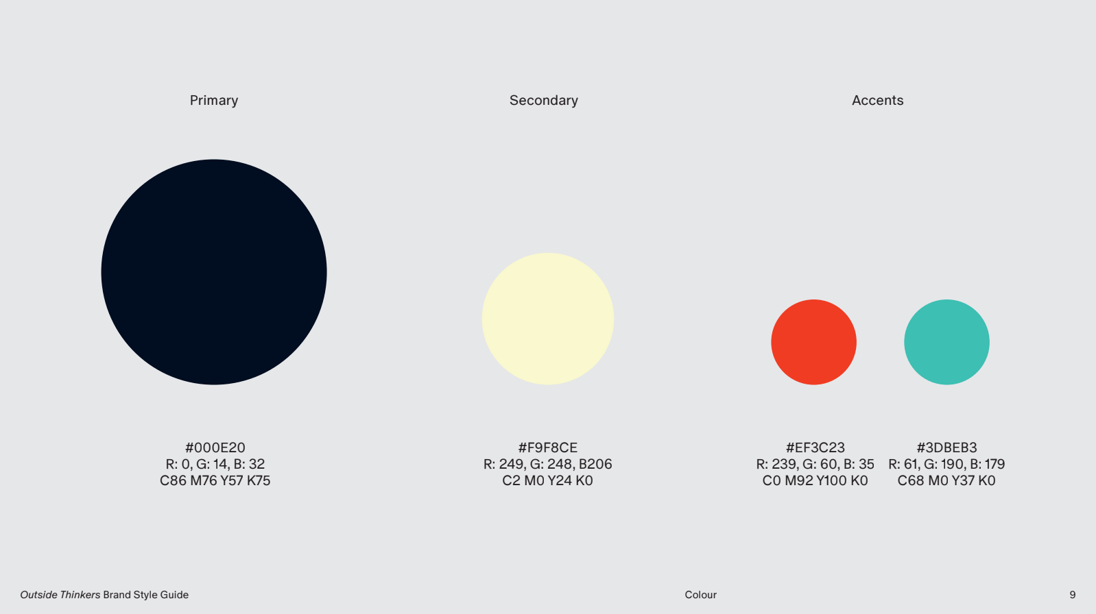 Color palette chart with one large navy circle, one pale yellow circle, and two smaller red and teal circles.