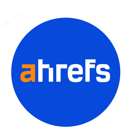A circular logo with a bright blue background featuring the text 