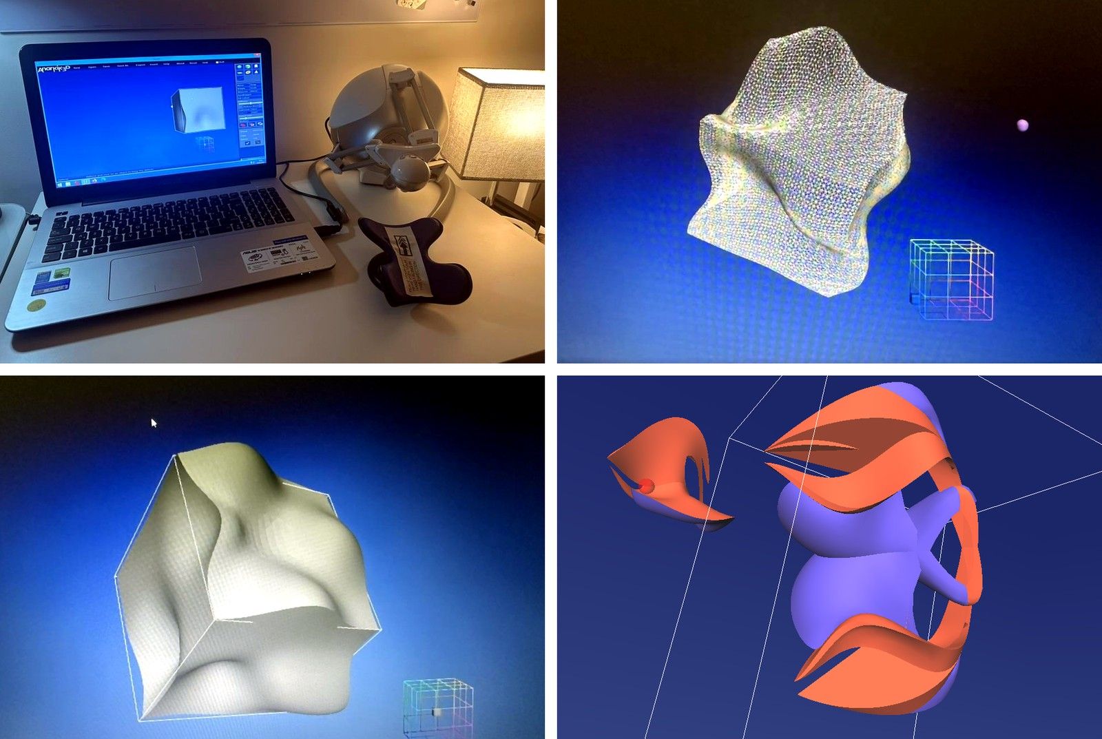 Four-panel 3D scanning workflow: laptop, scanned object, reconstructed model, and mesh view on blue background