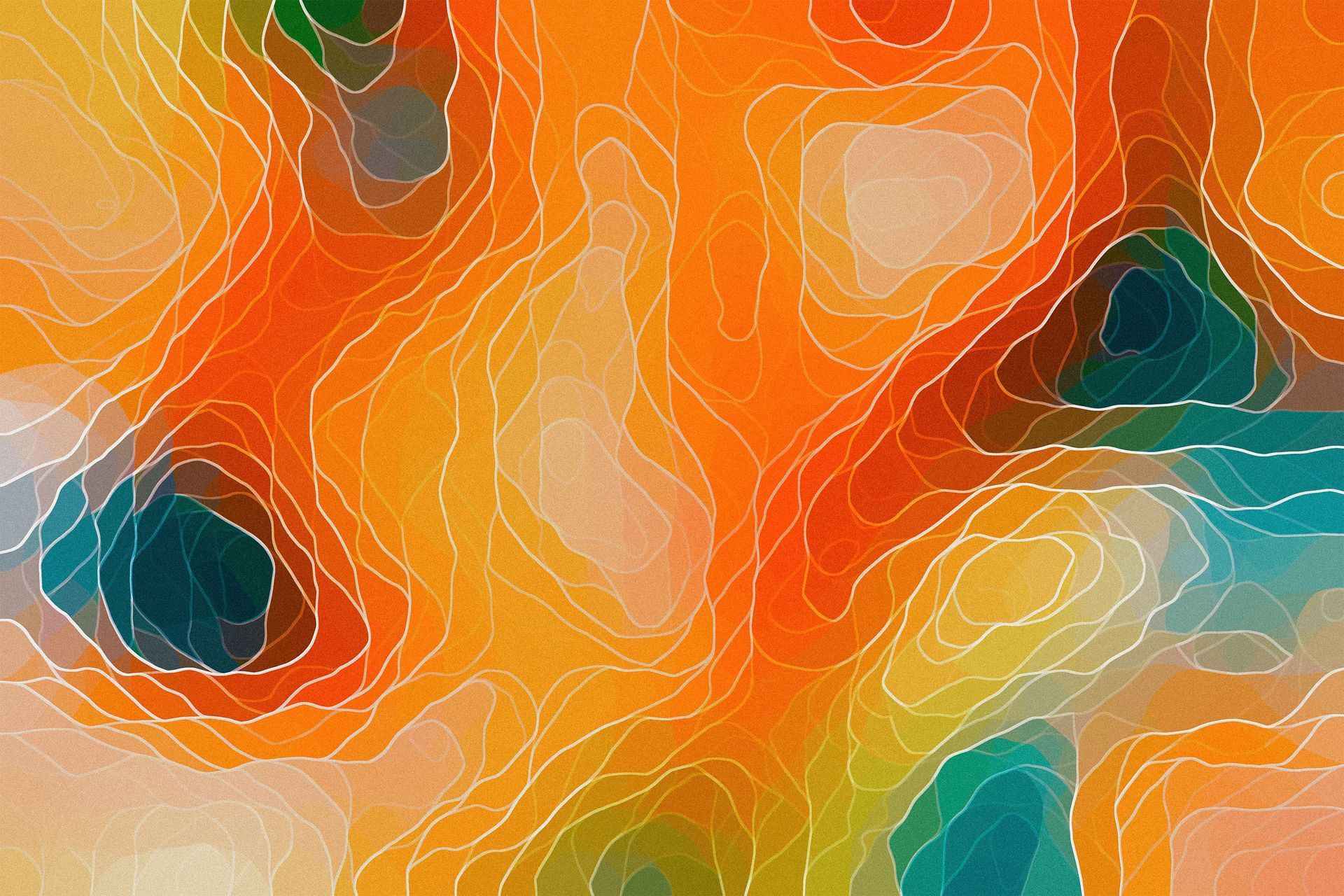 Abstract orange, yellow, and teal swirls with soft circular shapes and wavy white lines