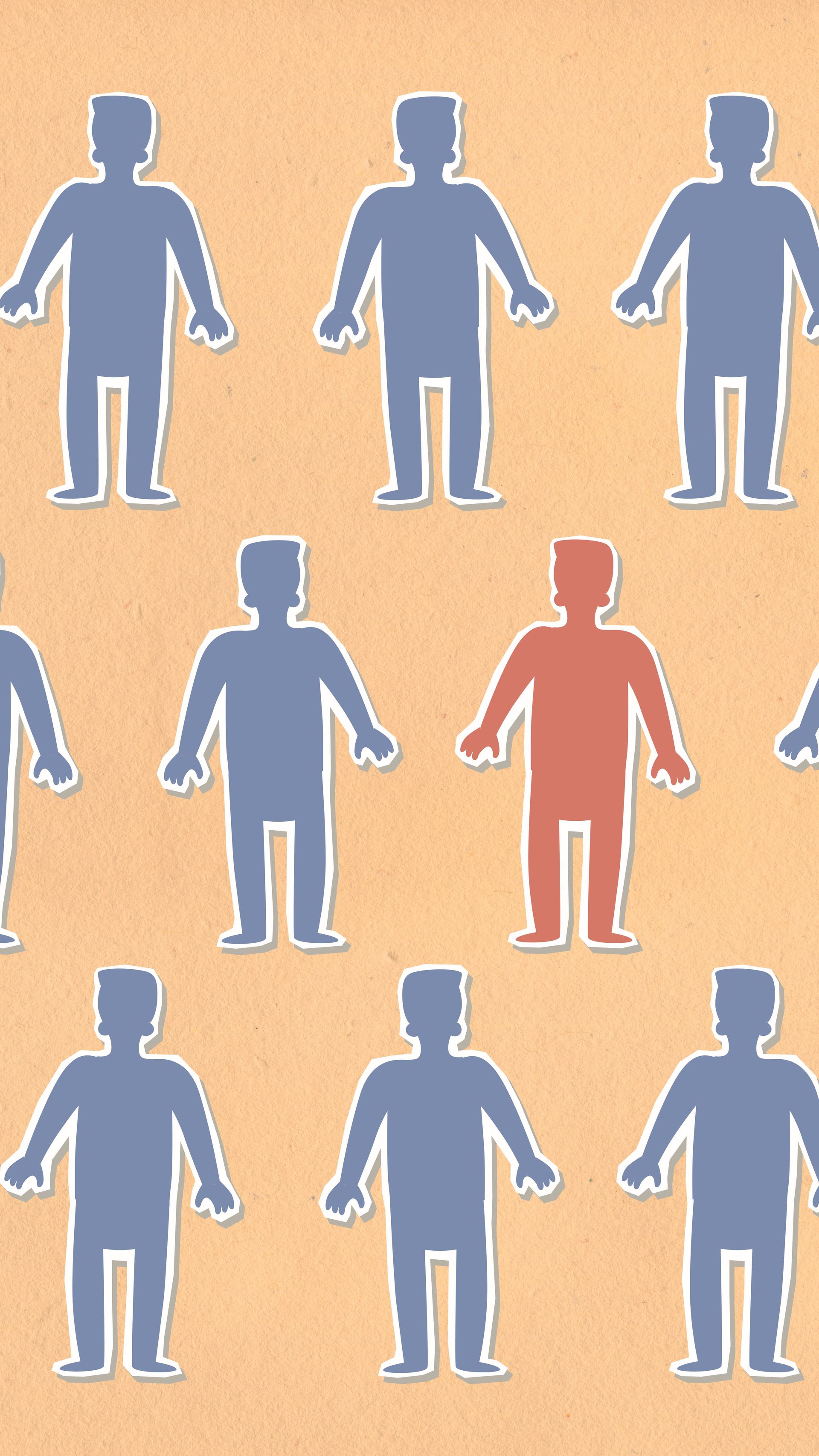 Blue and red human icons scattered on a beige background, with one red figure highlighted
