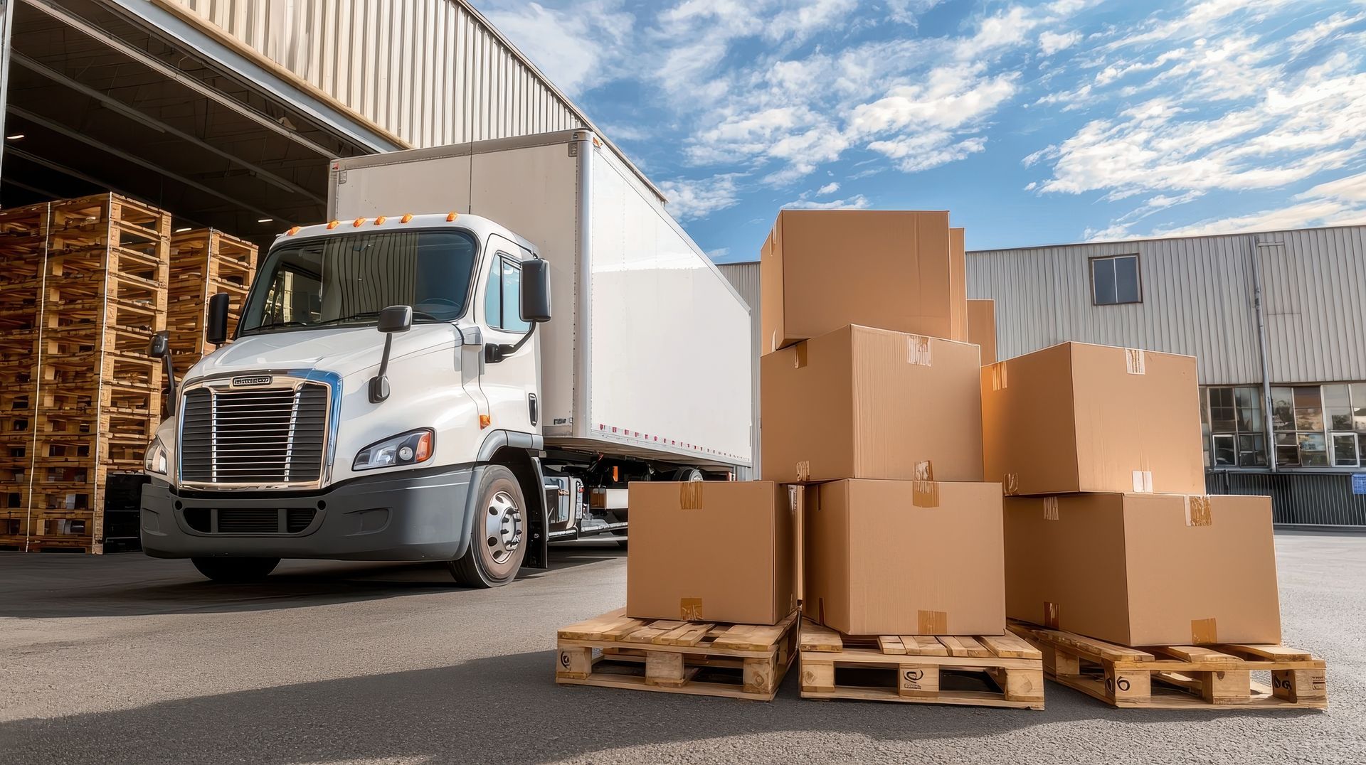 A white semi-truck loading brown cardboard boxes from pallets at a warehouse under a blue sky.