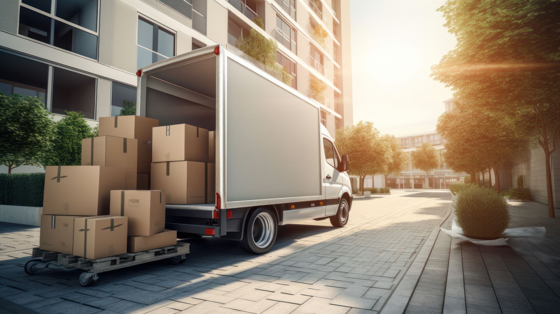 Moving truck filled with cardboard boxes parked on a brick street in front of an apartment building. Sunny day.
