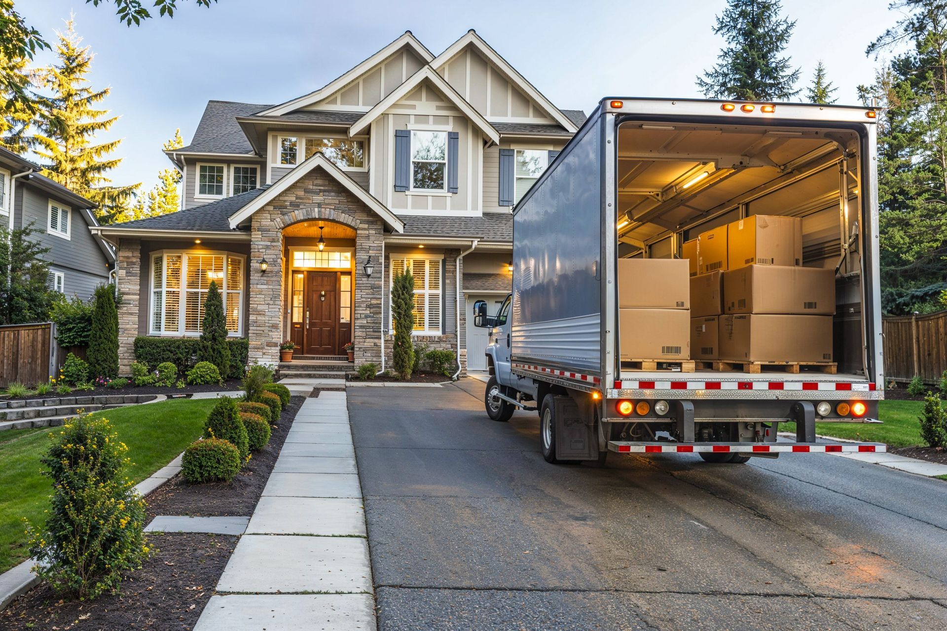 Moving truck backed up to a two-story house, loaded with boxes.
