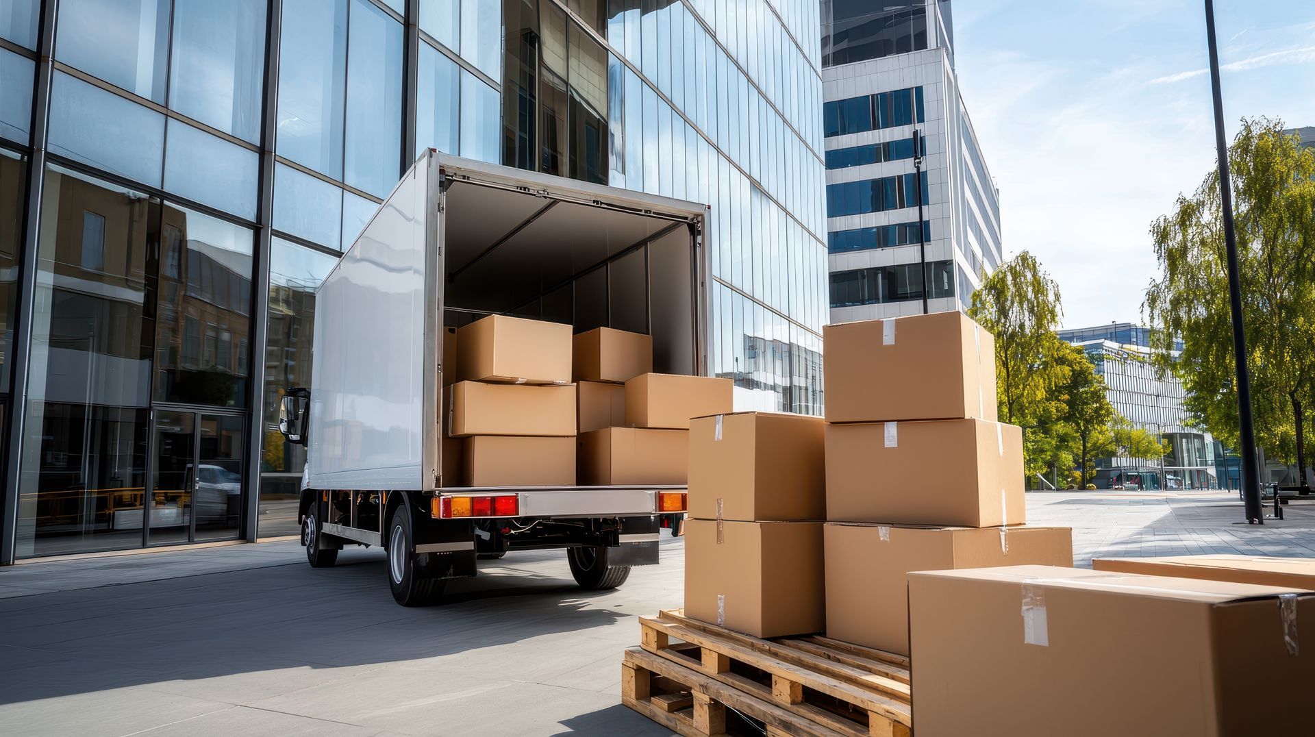 Truck unloading cardboard boxes in front of a modern glass building, outdoors.
