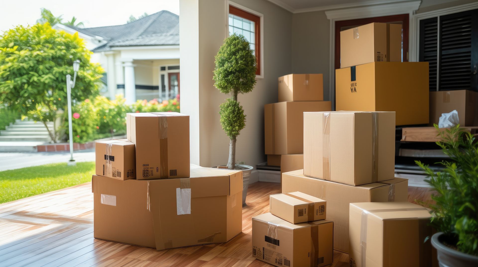 Des cartons empilés sur un porche lors d'un déménagement. Une maison en arrière-plan.