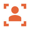 An orange icon of a person with a circle in the middle surrounded by squares.