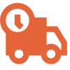 An orange delivery truck with a white arrow pointing down.