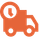 Un camion de livraison orange avec une flèche blanche pointant vers le bas.