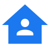 A blue house with a white person inside of it.