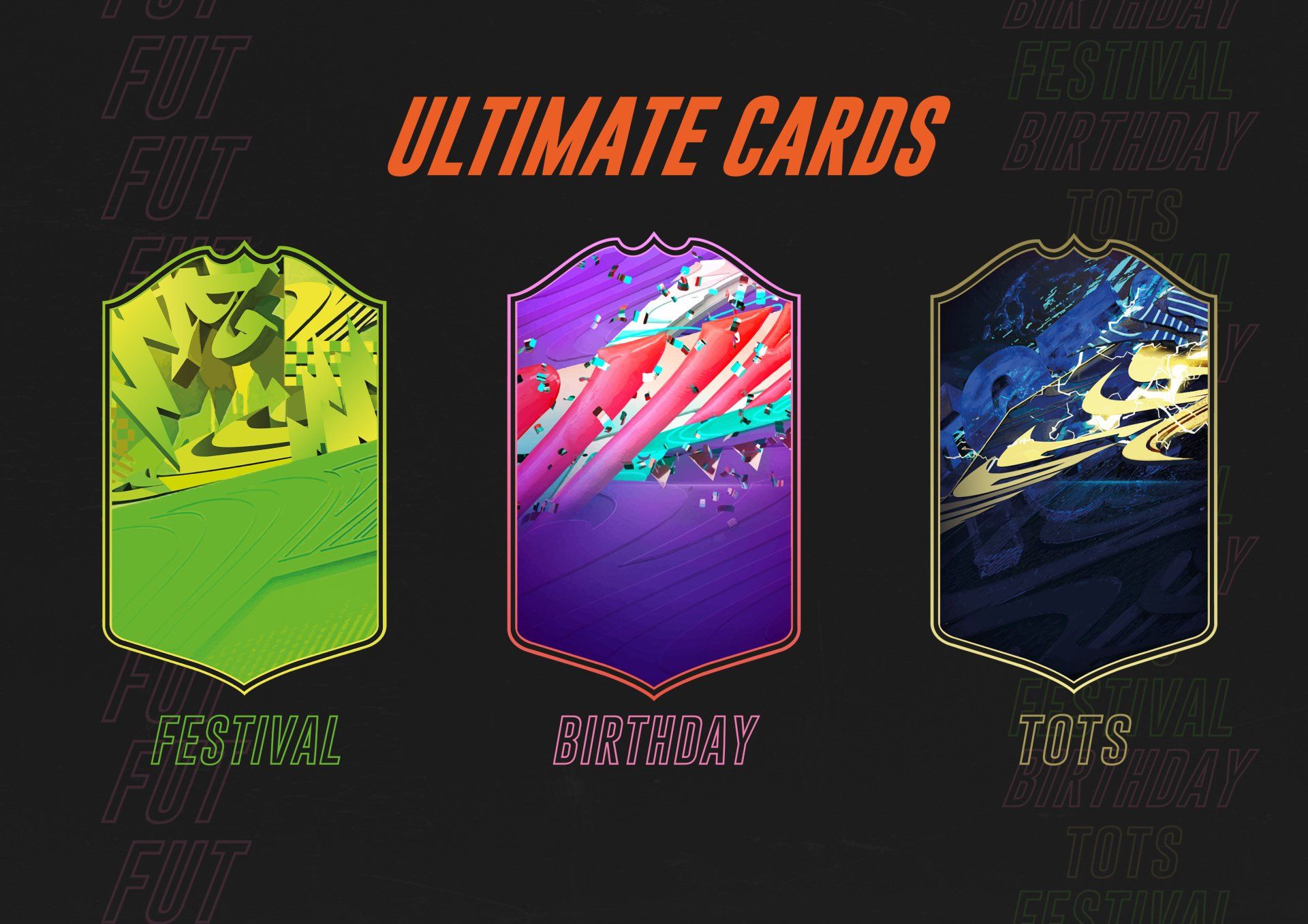 Drie kleurrijke Ultimate Cards uit een spel, met de opschriften