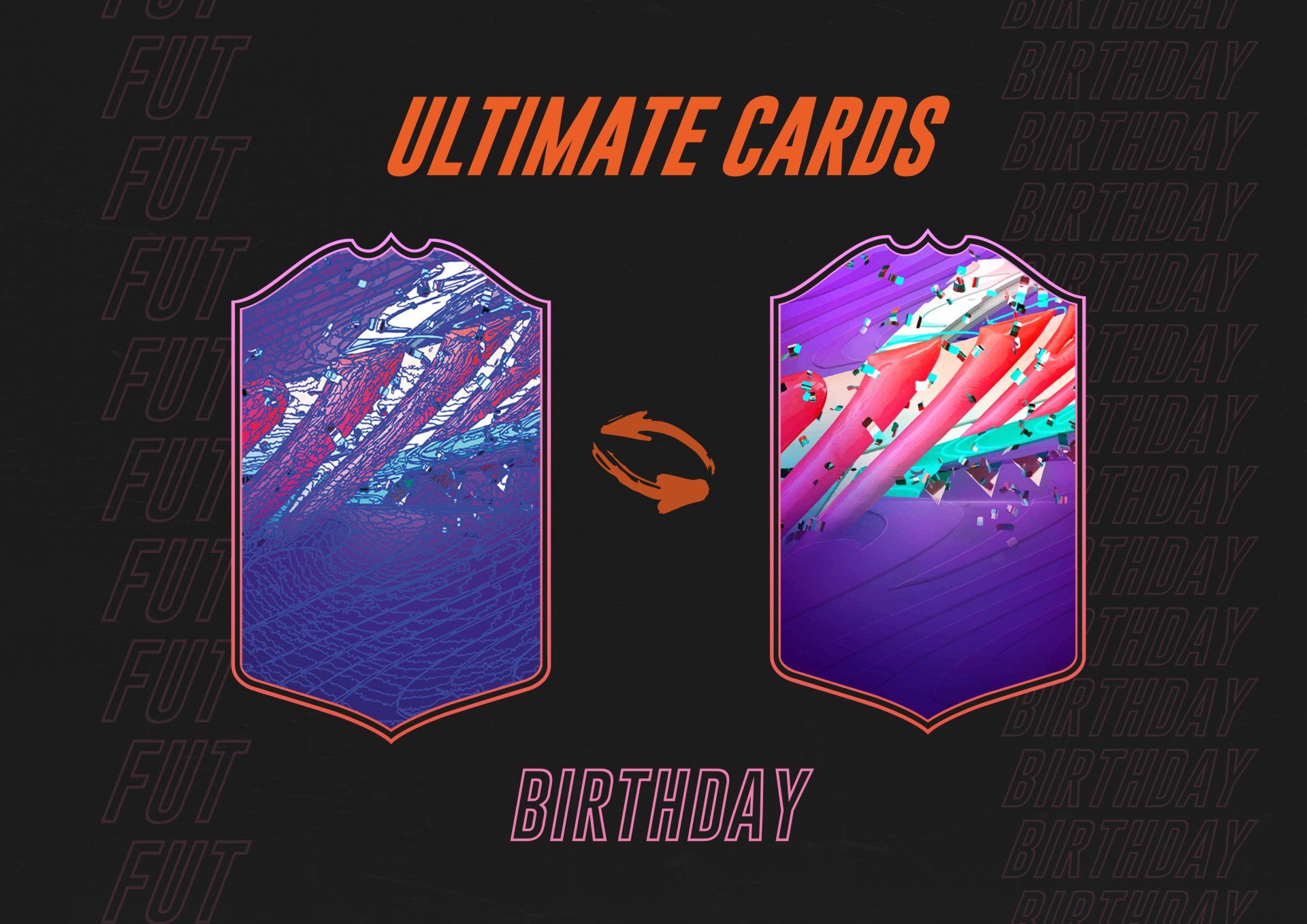 Twee FIFA Ultimate Team-kaarten, een blauwe en een paarse, met pijlen die aangeven dat ze kunnen transformeren.