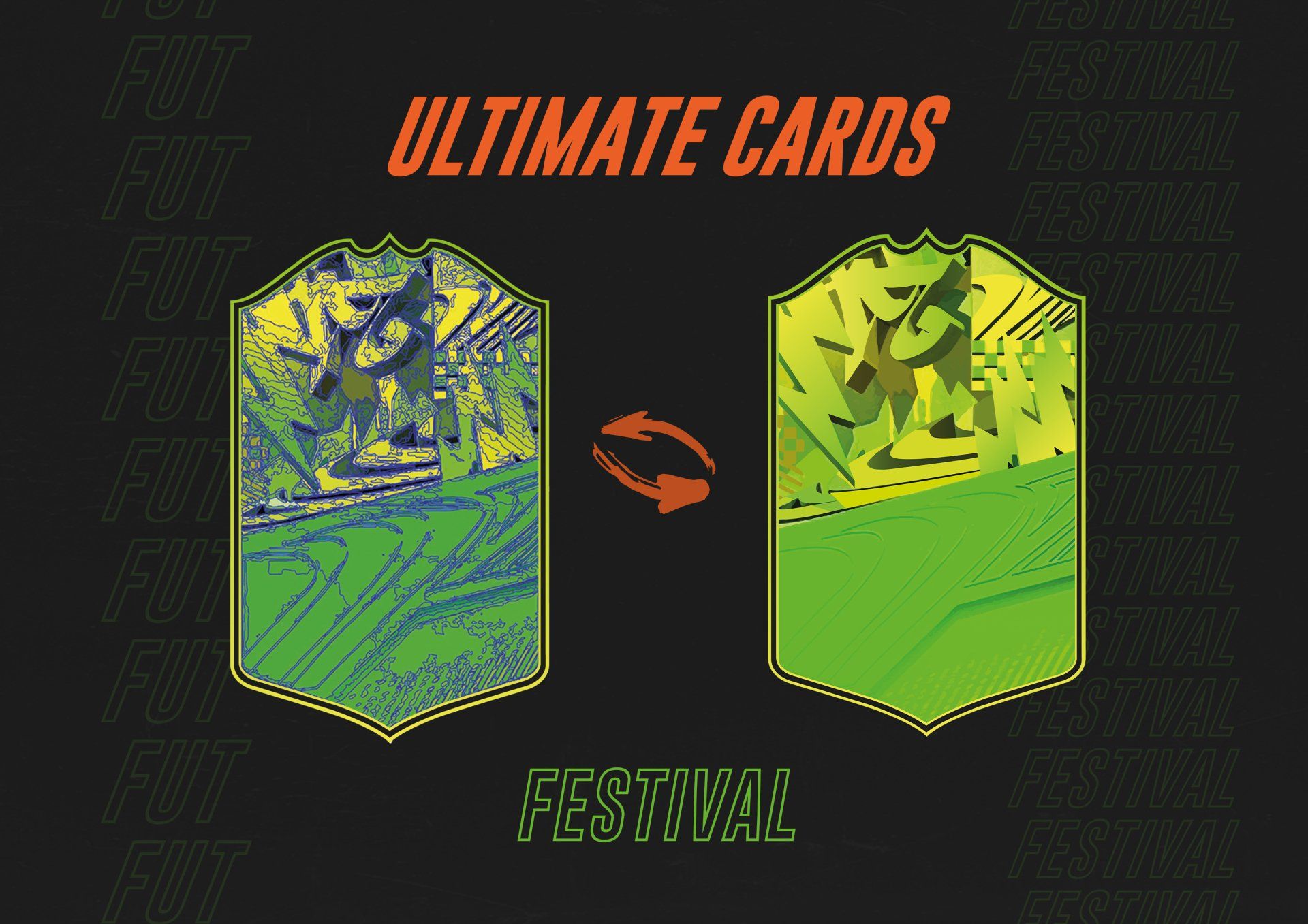Twee groene Ultimate Festival-kaarten die omgedraaid worden.