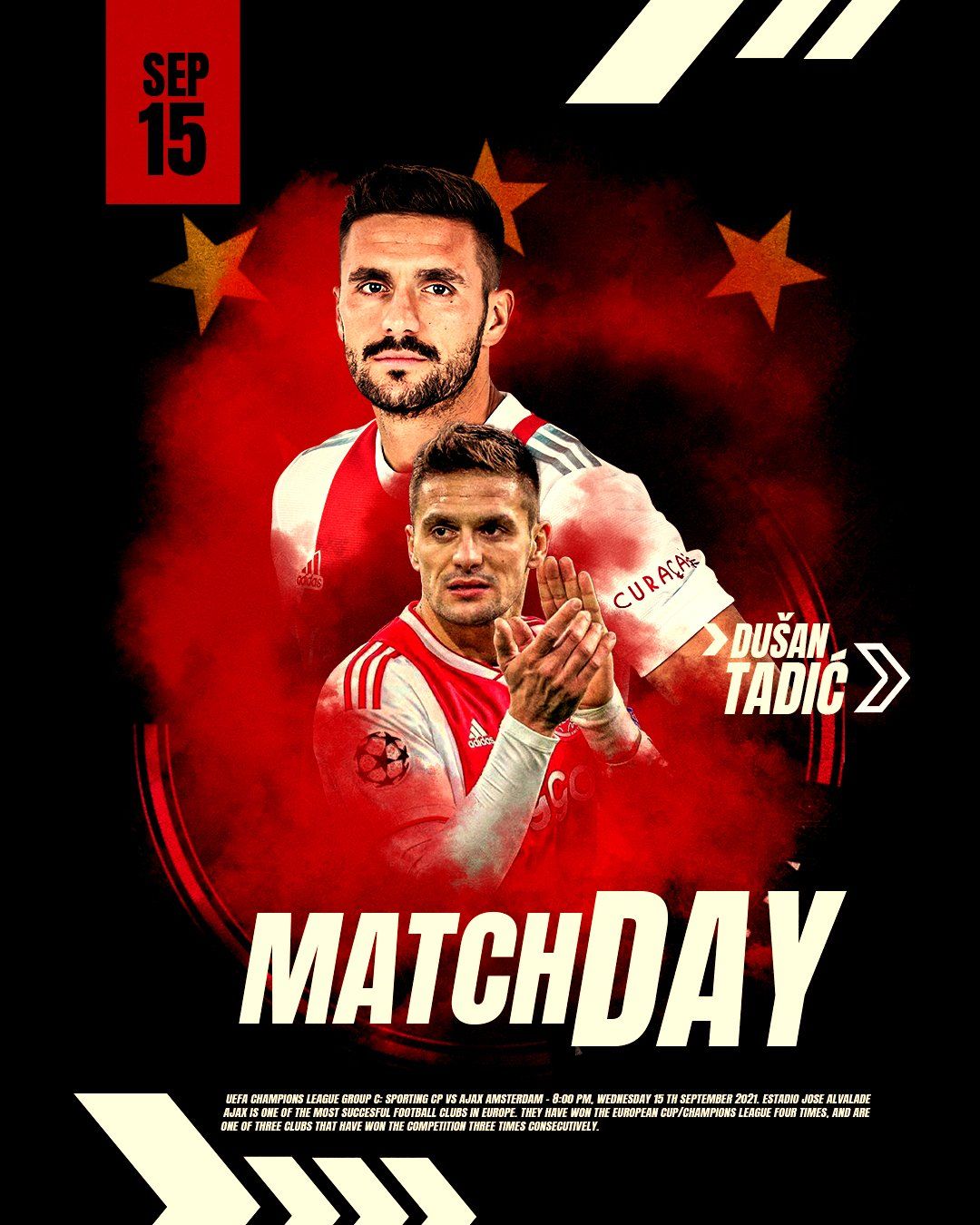 Poster voor een voetbalwedstrijd met twee spelers in rode shirts tegen een zwarte achtergrond. De tekst 