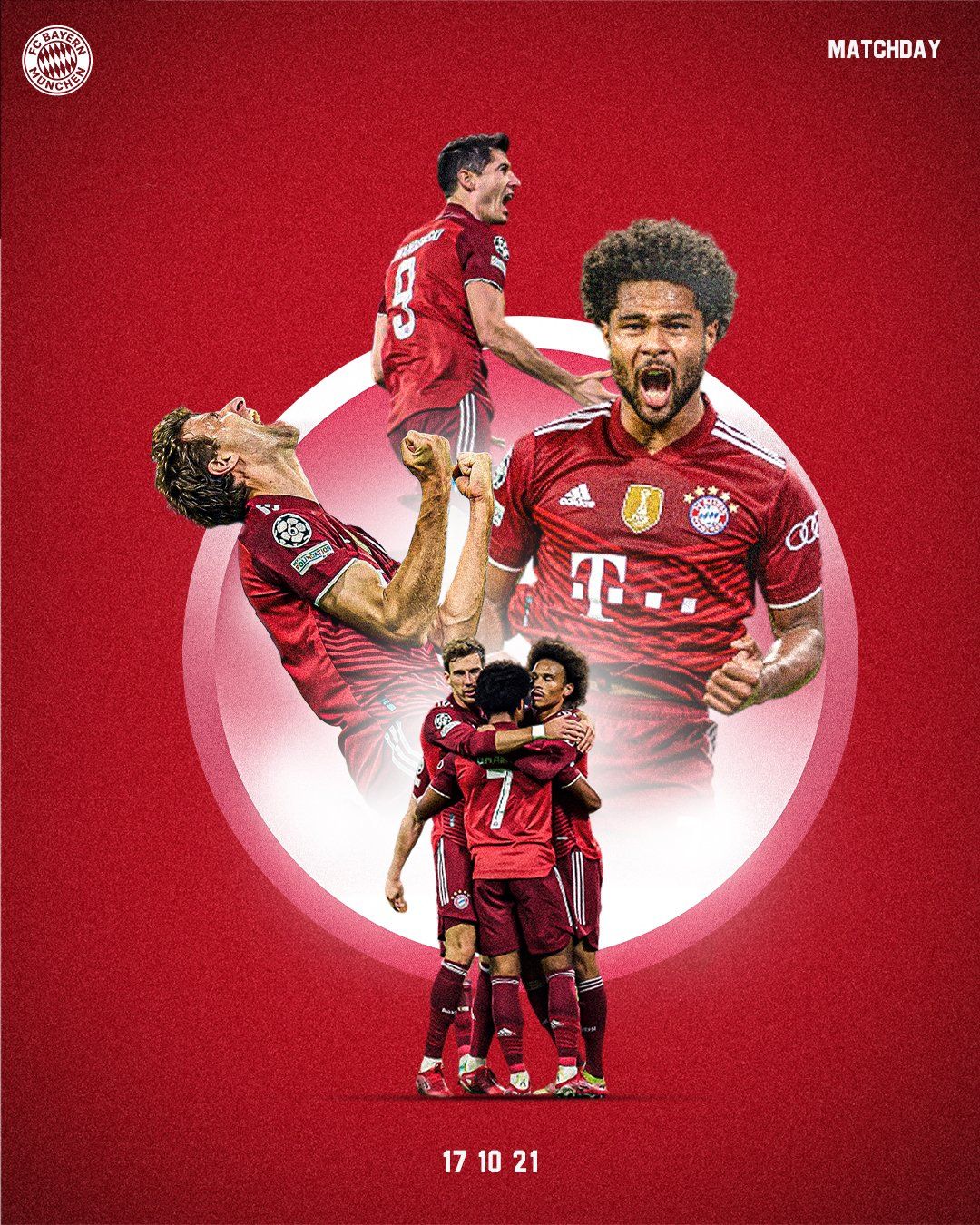 De voetballers van Bayern München vieren feest op een rode achtergrond, omringd door licht, met de datum 17 10 21.