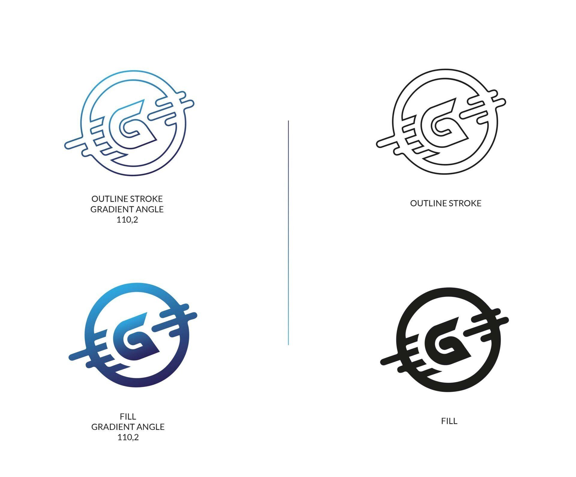 Vier varianten van een logo met de letter