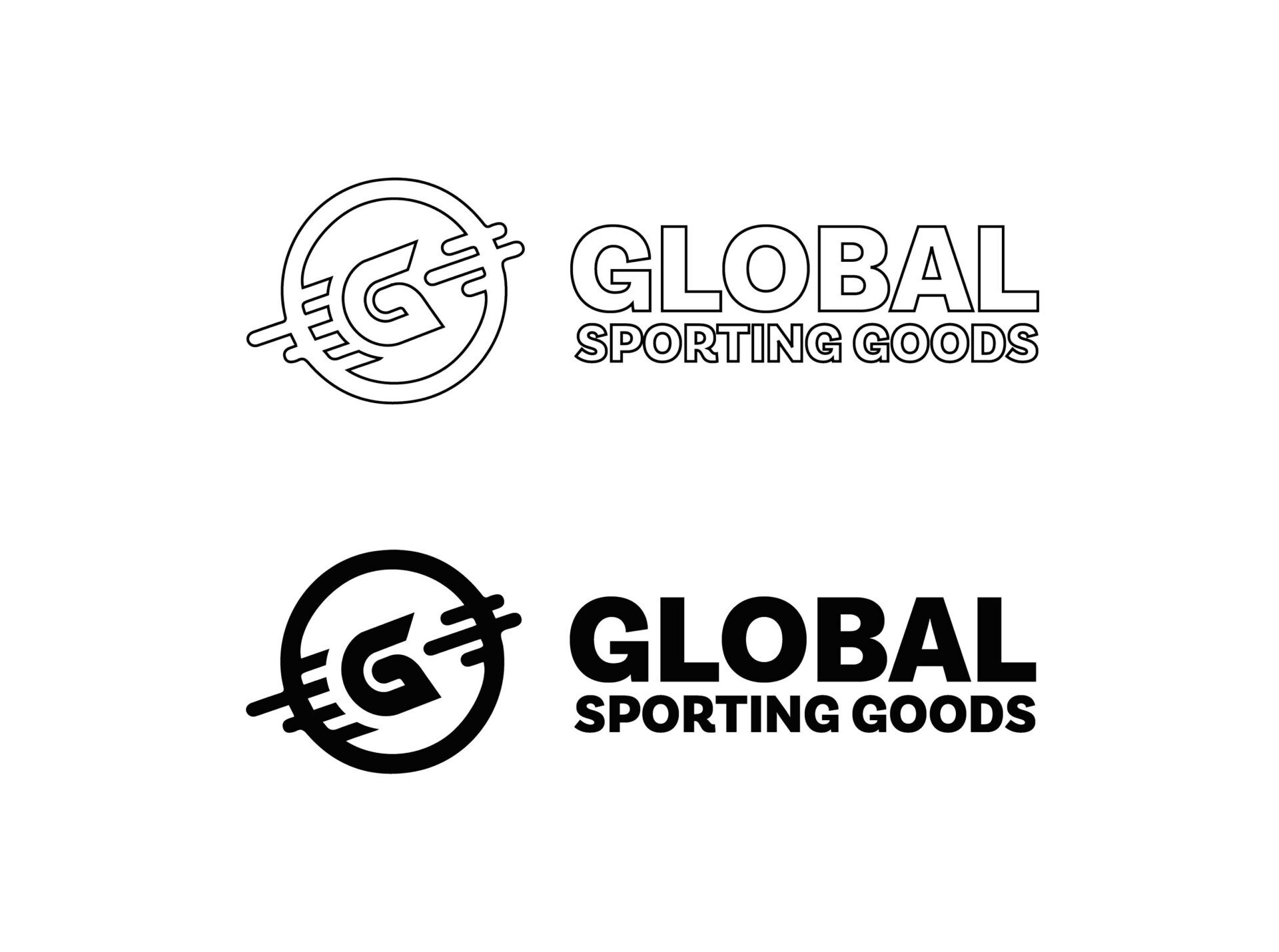 Logo's voor Global Sporting Goods. Eén in contour, de andere volledig zwart. Het logo bestaat uit een cirkel met een gestileerde