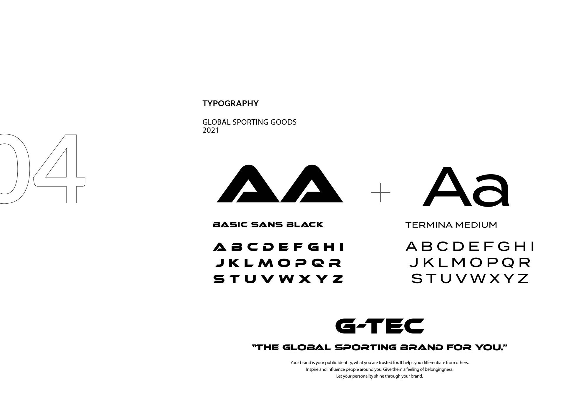Lettertypegids voor het merk G-TEC, met zwarte en dunne lettertypen en het logo van het merk.