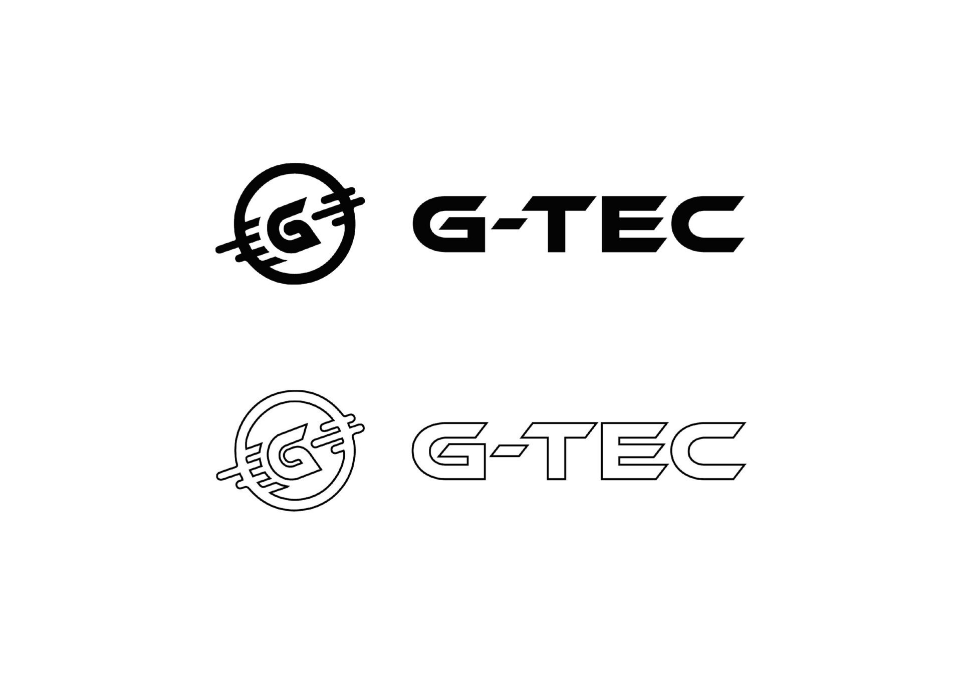 Twee versies van een G-TEC-logo: een zwart-witversie en een versie met een omlijning. Het logo bestaat uit een gestileerde letter G in een cirkel, met de tekst
