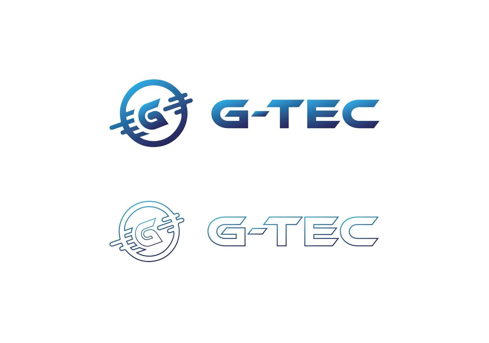 Twee G-TEC-logo's. Boven: Blauw logo met een cirkelvormig ontwerp rond de letter