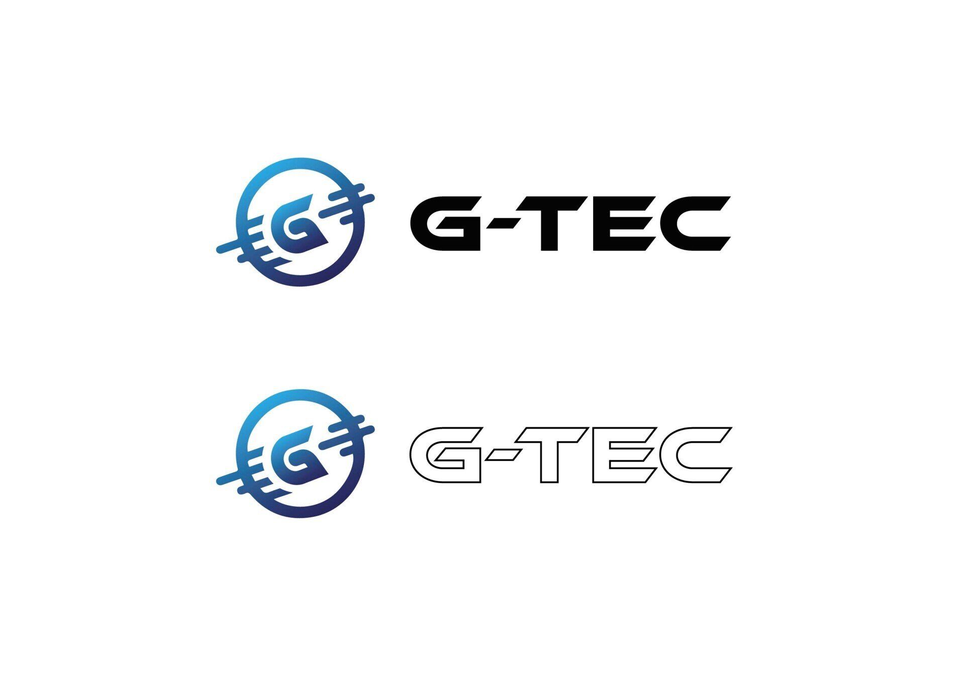 Logo's voor G-TEC: een blauw-zwart cirkelvormig ontwerp met een