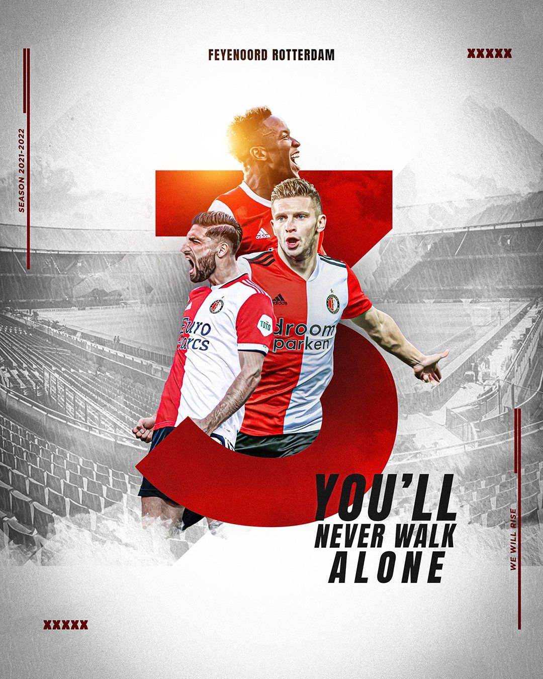 Feyenoord Rotterdam logo. Spelers op een rode 