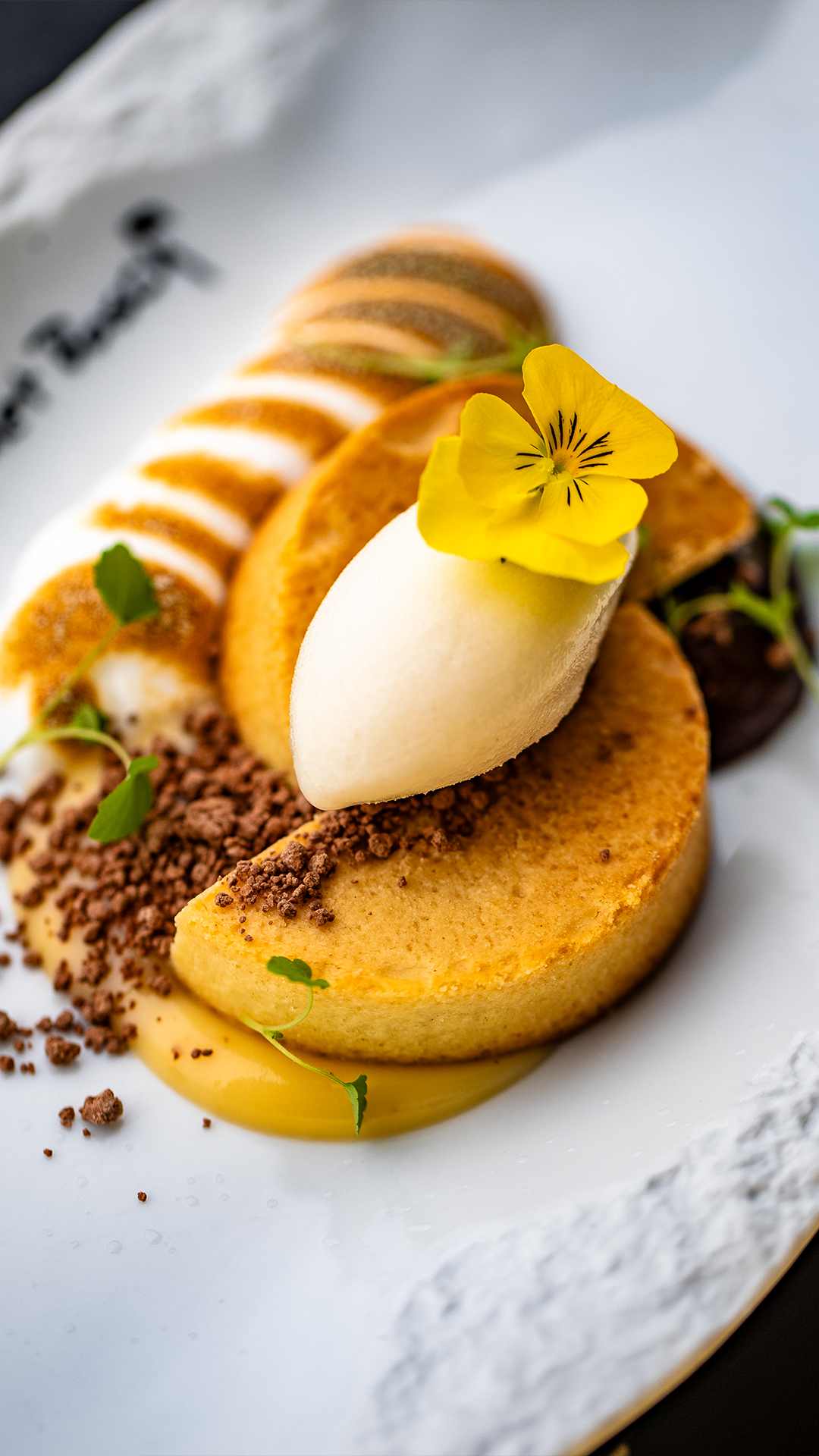 Een gastronomisch dessert op een wit bord. Gesneden biscuitgebak met ijs, chocoladekruimels, gele bloemgarnering en saus.