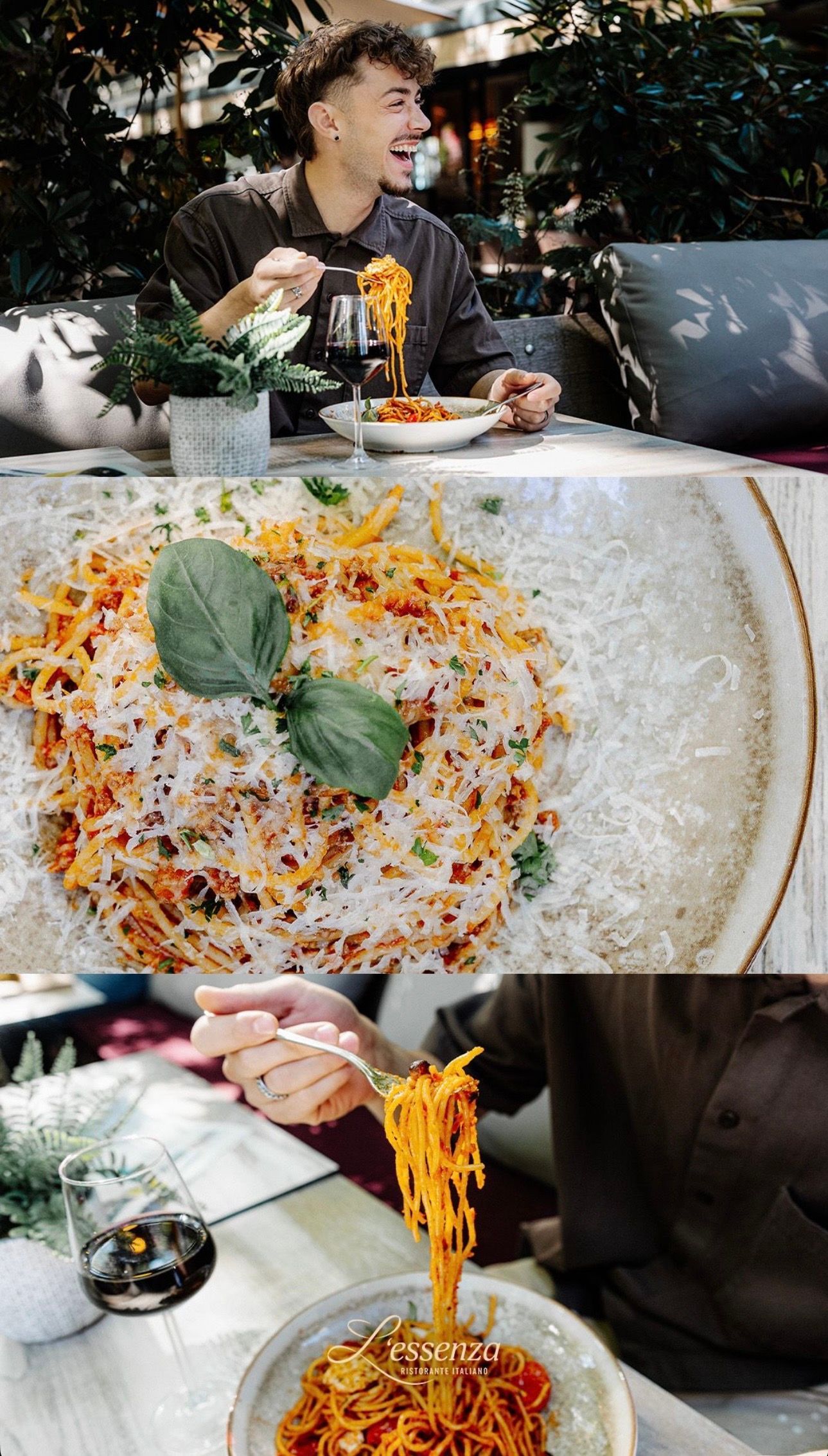 Man eet pasta buiten; close-up van pasta met garnering; vork met pasta wordt uit de kom gehaald.
