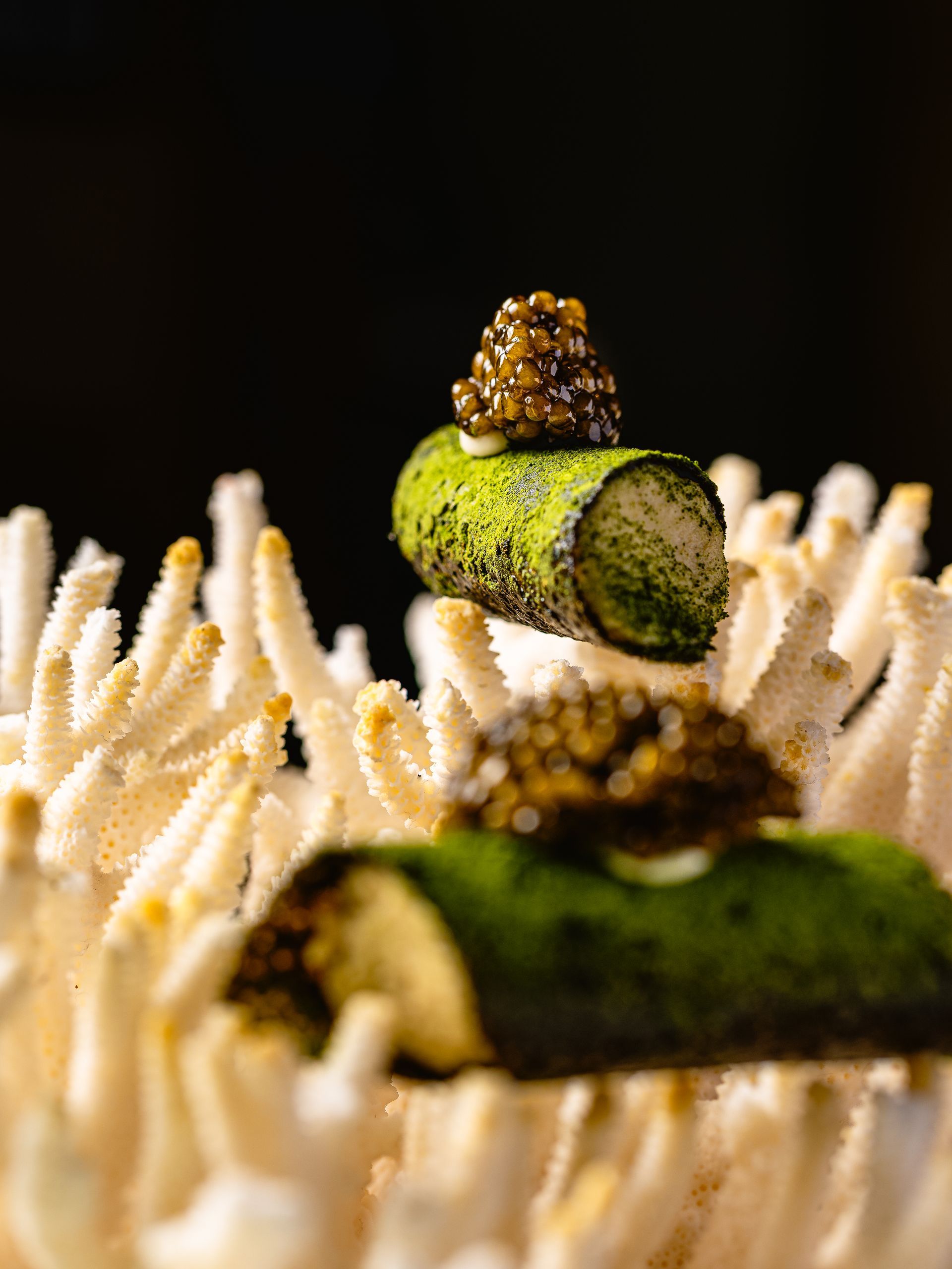Twee elegante hors d'oeuvres, gegarneerd met kaviaar, op een bedje van witte, koraalachtige structuren, tegen een zwarte achtergrond.
