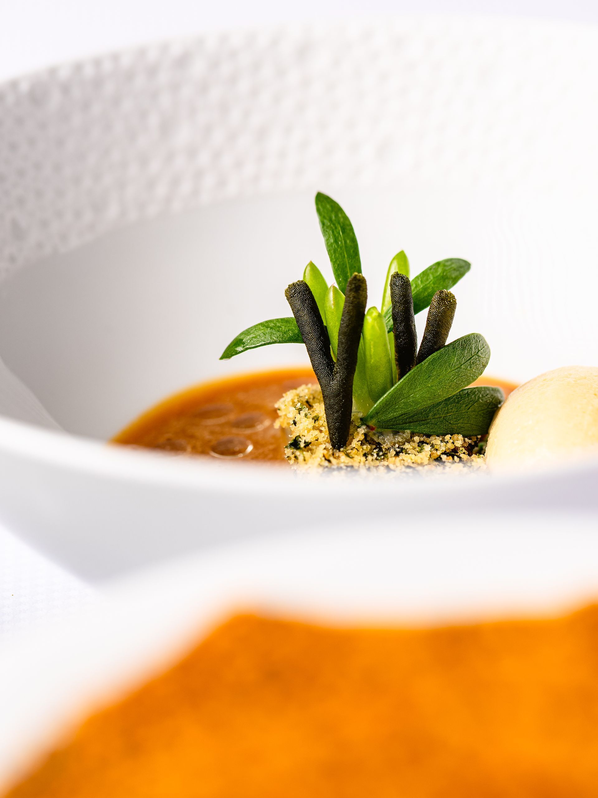 Elegante presentatie van het gerecht: bruine saus, groene kruiden, een gele crumble en een wit bijgerecht in een witte kom.