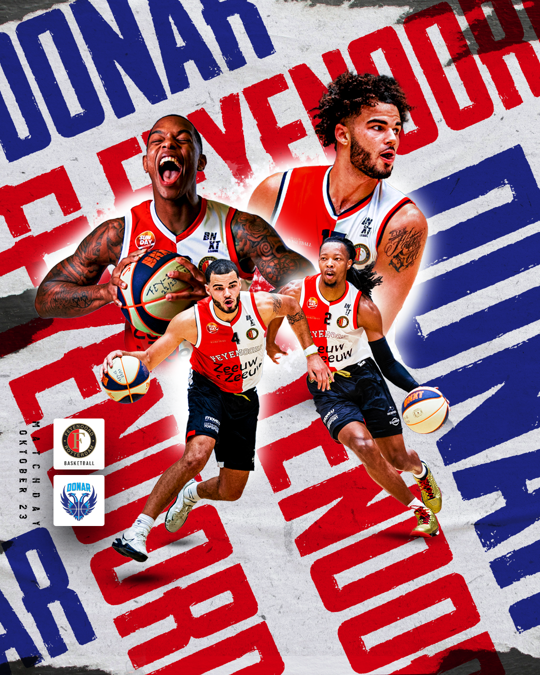 Basketbalspelers in rood-witte uniformen; teamlogo en tekst in blauw-wit op een rood-witte achtergrond.