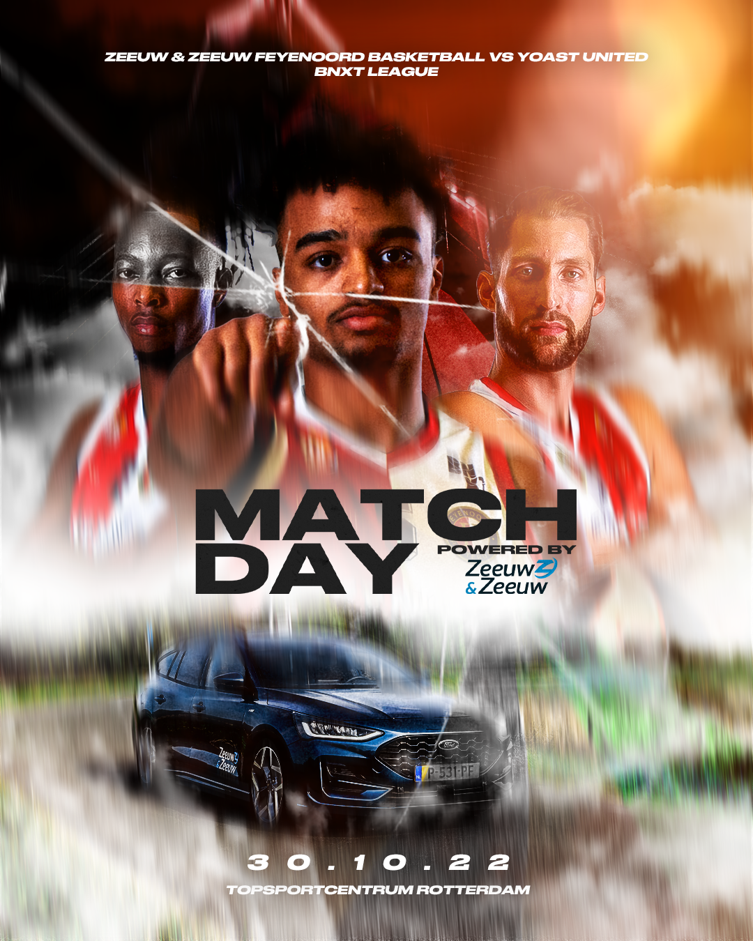 Basketbalwedstrijdposter met drie spelers, de tekst 