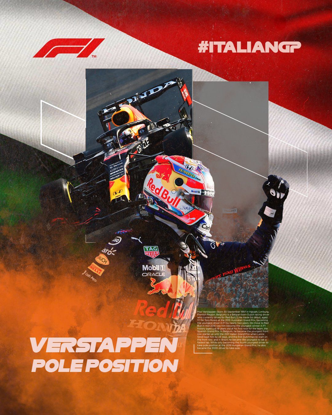 Max Verstappen viert zijn poleposition tijdens de Grand Prix van Italië. Red Bull-auto, Italiaanse vlag, oranje rook.