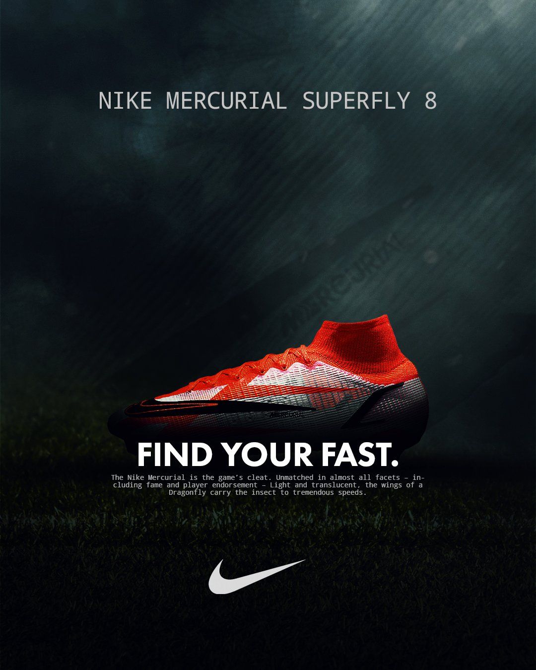 Nike Mercurial Superfly 8 voetbalschoen op een donkergroen veld. Rode en zwarte schoen met 