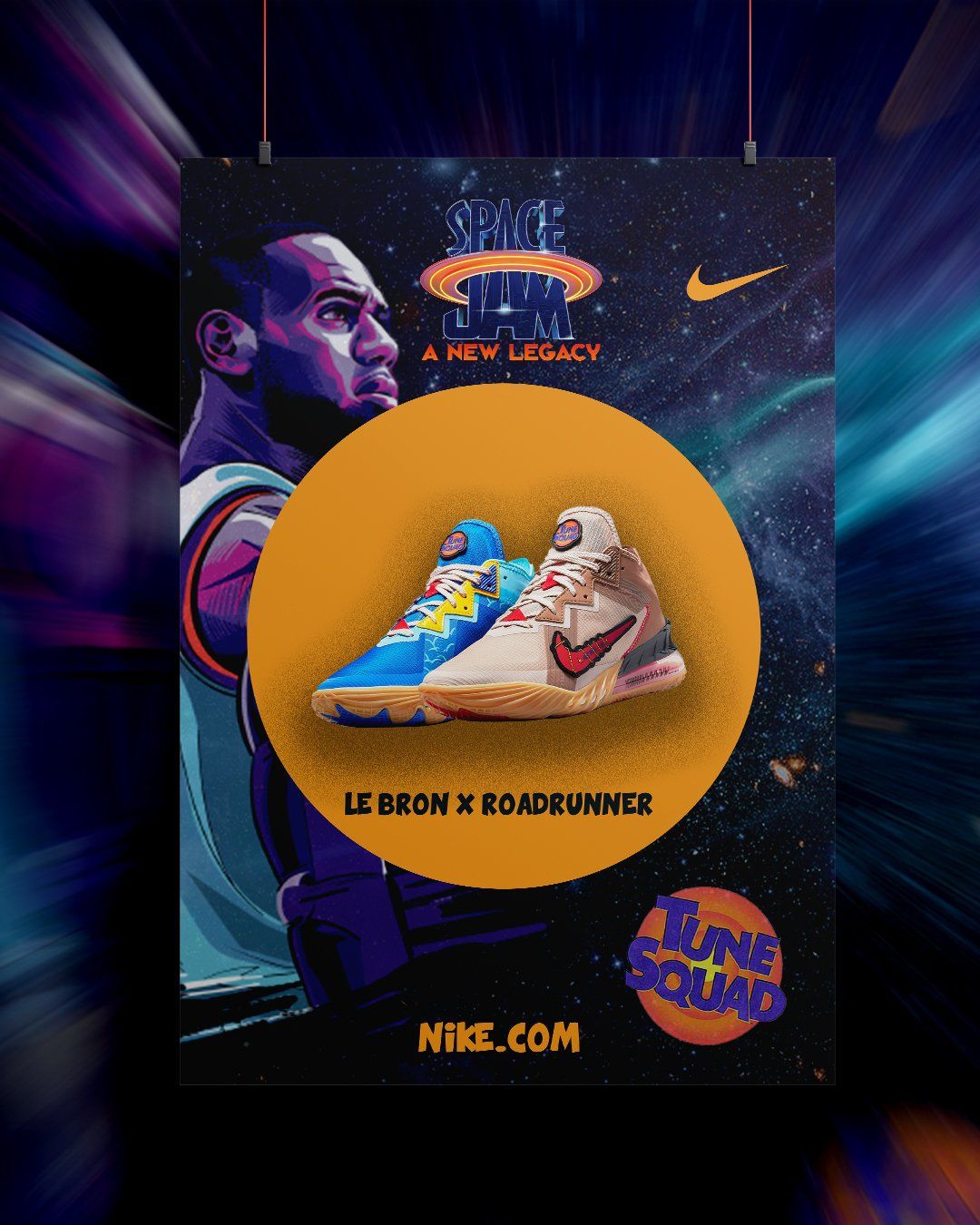 Poster: LeBron James, Space Jam sneakers, oranje cirkel, Nike logo en ruimteachtergrond.
