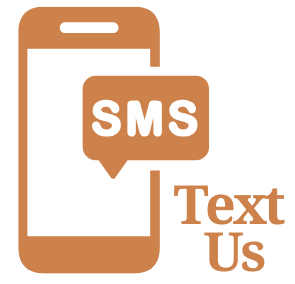 Orange mobile phone icon with SMS text message bubble, with the words 