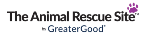 The Animal Rescue Site logo with text and purple paw print icon, by GreaterGood.