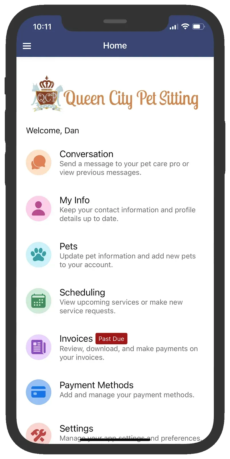 Mobile app interface for Queen City Pet Sitting