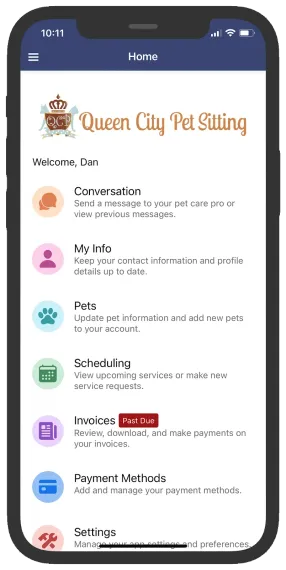 Mobile app interface for Queen City Pet Sitting