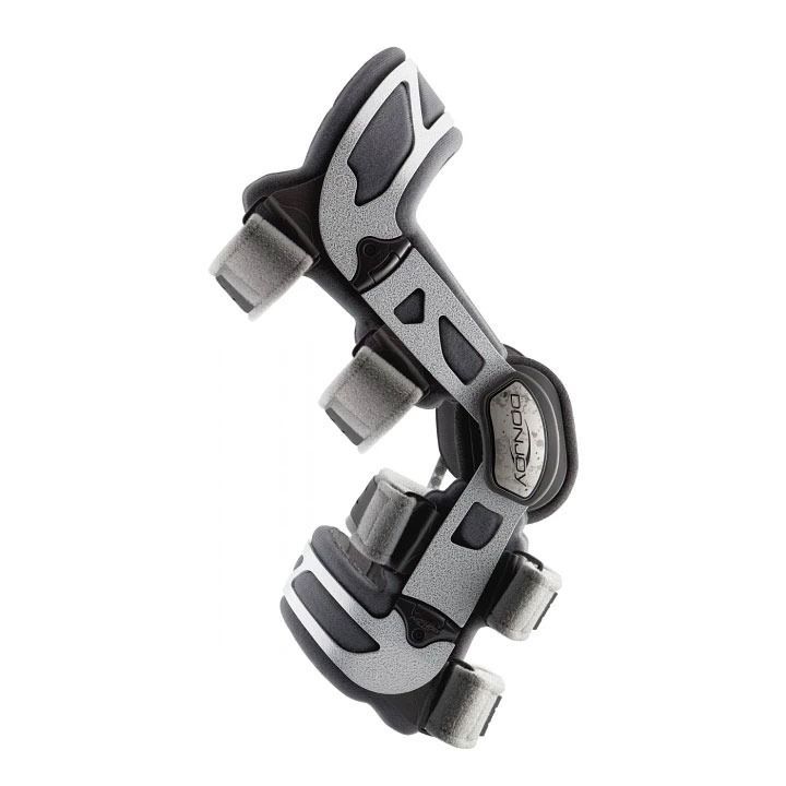 Black and gray medical knee brace with adjustable straps and padded supports