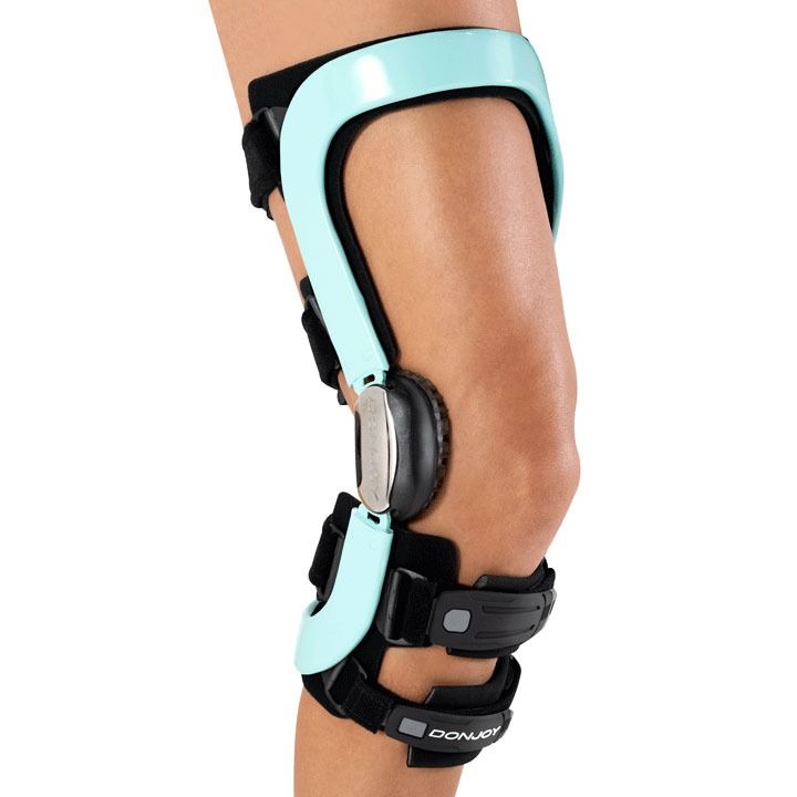 Black-and-blue knee brace on a leg with metal support hinges