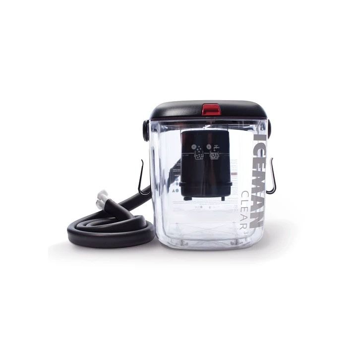 Transparent electric kettle with black lid and base, shown with power cord on a white background