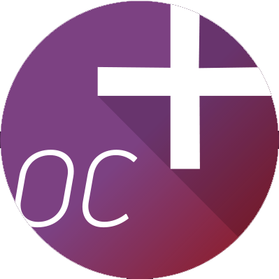 Purple circular logo with a white plus sign and partial white letters “oc” at the bottom left