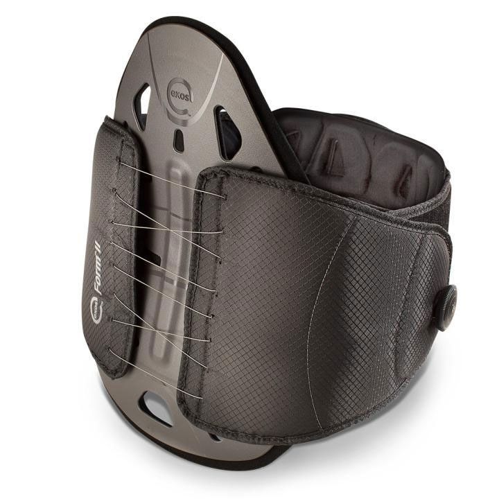 Black padded orthopedic neck brace with metal support plate and straps, shown on white background
