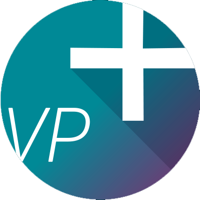 Blue-purple circular VP logo with a white plus sign and diagonal shadow lines